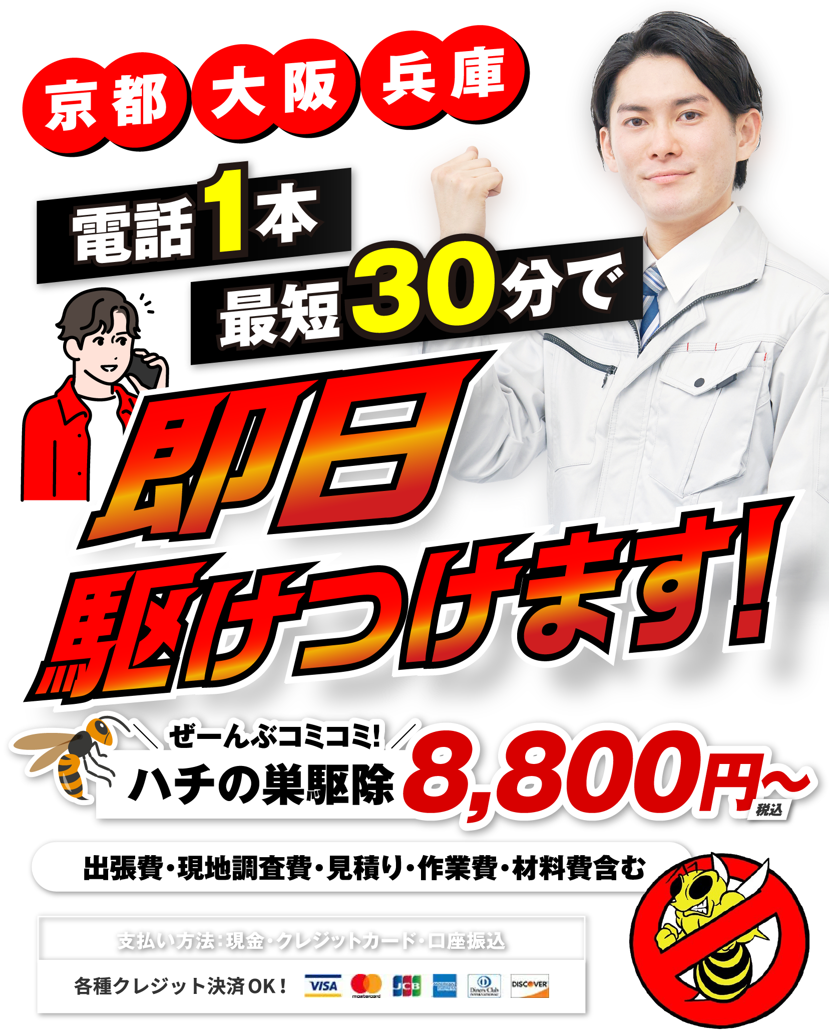 京都・大阪・兵庫　電話1本　最短30分で即日駆けつけます！　ぜーんぶコミコミ蜂の巣駆除8,800円　出張費・現地調査費・見積り・作業費・材料費含む